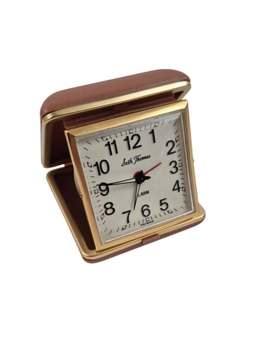 Seth Thomas Travel Alarm Clock Tan Clamshell Case Gold Trim Testes Working - Picture 3 of 10